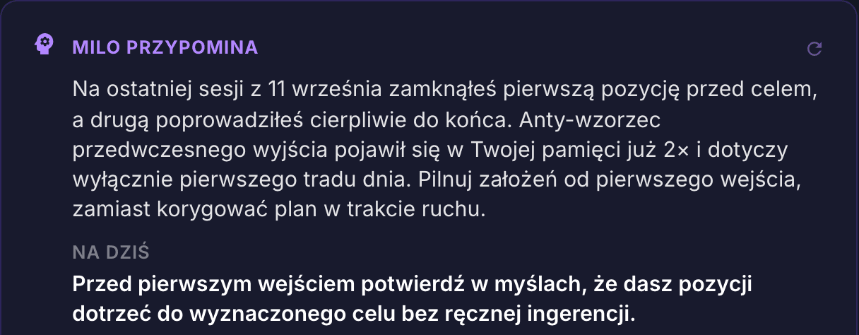 Zrzut z aplikacji: Milo przypomina wzorzec z poprzedniej sesji i daje jedno zadanie na dziś