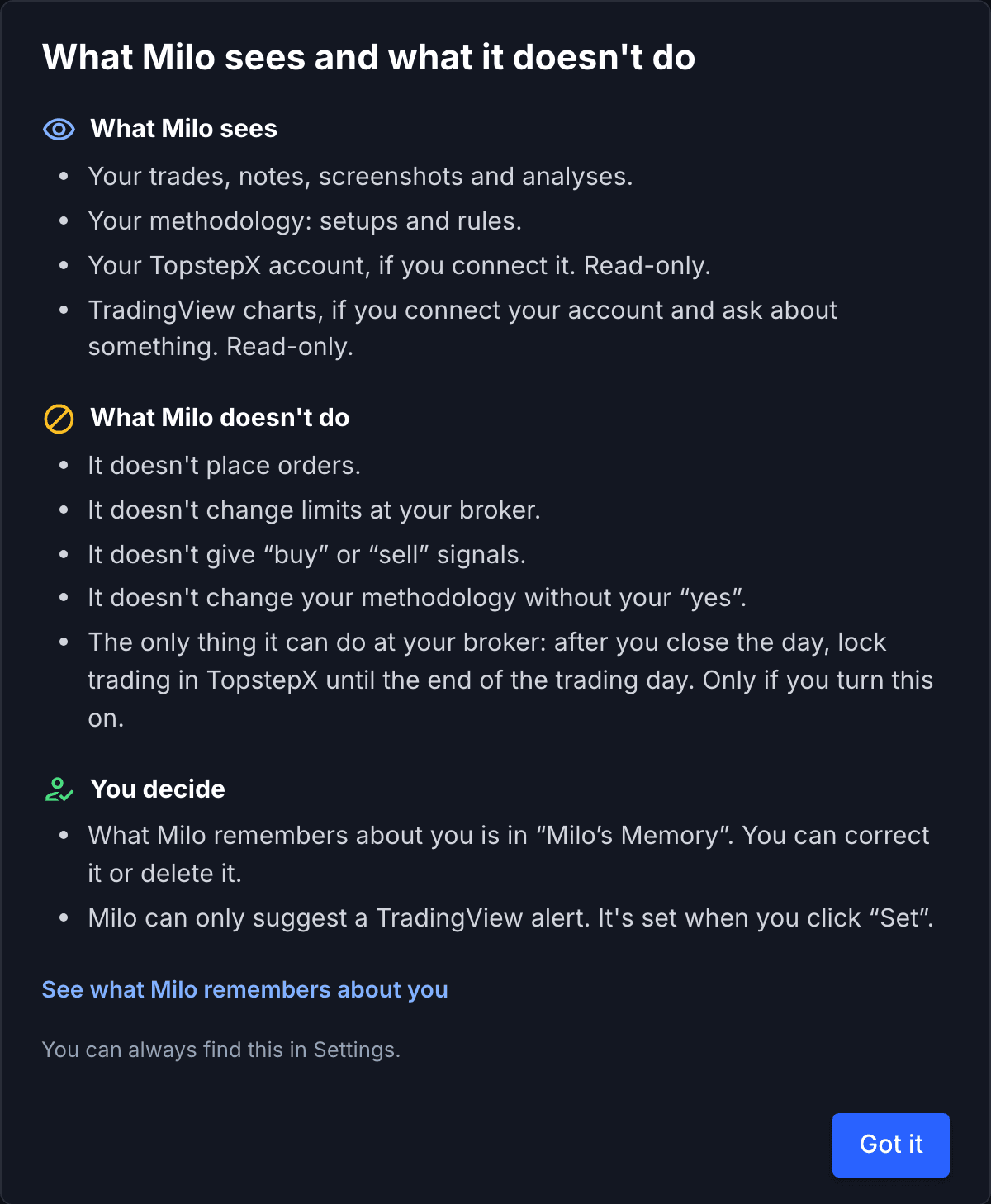 App screenshot: the “What Milo sees and what it doesn't do” screen, shown before the first conversation